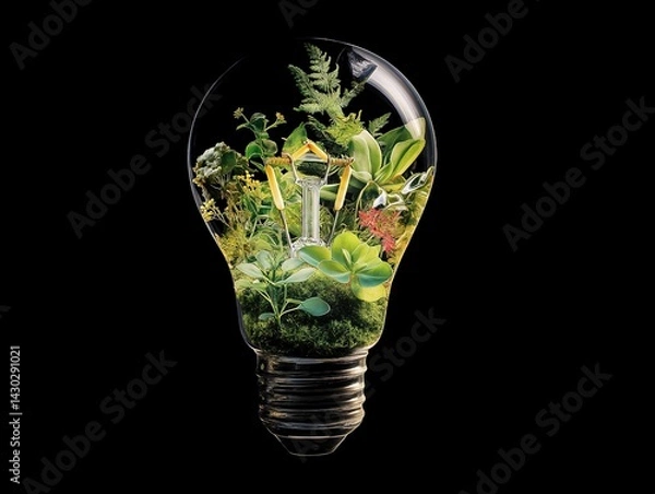 Fototapeta Hyper-Realistic Light Bulb with Energy and Green Plants on Black Background