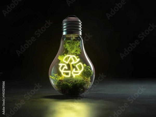 Fototapeta Light Bulb with Illuminated Energy Symbol and Greenery Inside: Representing Sustainable Technology