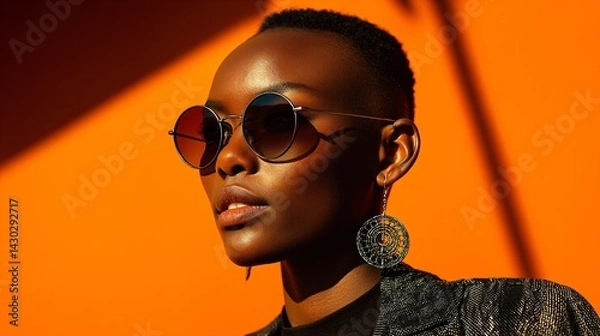 Fototapeta portrait of a cool and modern black woman with sunglasses in front of a orange wall background with copy space