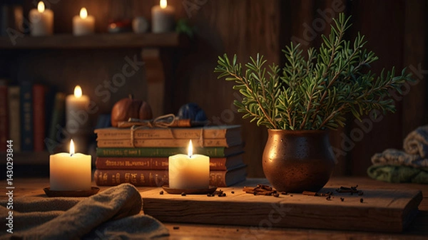 Fototapeta cinnamon rosemary spice candle lit wooden table rustic decor for spa relaxation home ambiance and peaceful setting premium wallpaper for spa advertisement