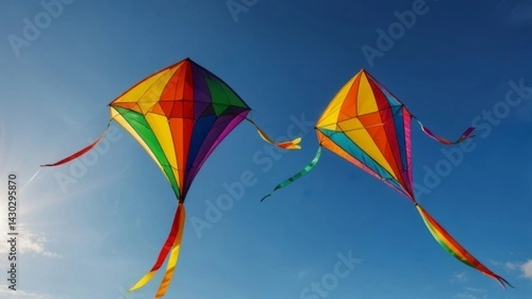 Fototapeta Three colorful kites fly in the sky on a sunny day. Kites different colors, sizes. Concept of joy and freedom.