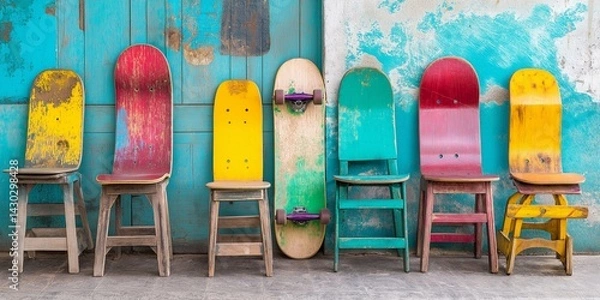 Obraz Upcycling  idea concept. Discarded skateboard decks reshaped into chairs
