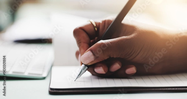 Fototapeta Hand, notebook and writing with business person at desk in office for agenda, planning or schedule. Diary, journal or planner with notes of employee closeup in workplace for appointment or ideas