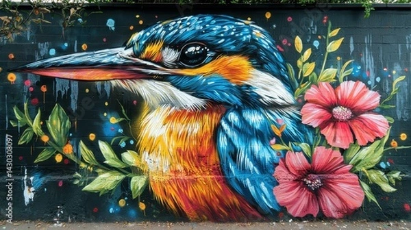 Obraz Vibrant kingfisher mural with flowers, showcasing artistic talent and colorful design.