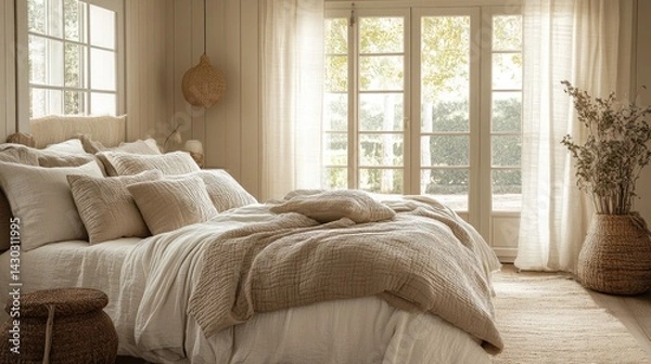 Fototapeta Serene bedroom with neutral bedding, textured pillows, and warm-toned accents for a tranquil vibe.
