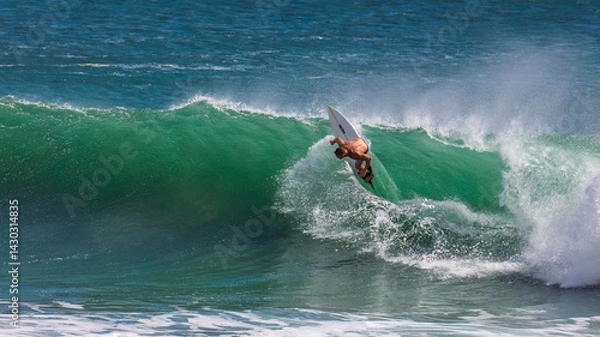 Obraz A fearless surfer carves through a powerful emerald wave at Snapper Rocks, Coolangatta, Queensland, surrounded by ocean spray and raw energy in this breathtaking moment of athleticism.