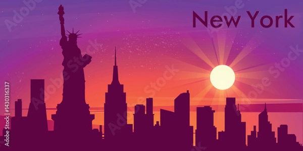 Fototapeta stylized illustration of New York city skyline against the background of bright sun with rays and rich shades of purple, orange and pink sky