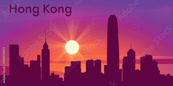 Fototapeta stylized illustration of Hong Kong city skyline against the background of bright sun with rays and rich shades of purple, orange and pink sky