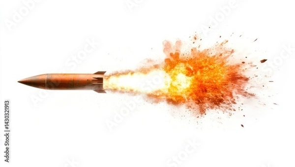 Fototapeta Bullet firing with muzzle flash and smoke isolated on a white background.