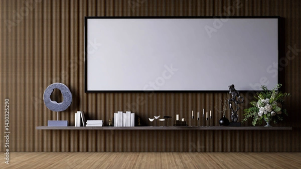 Obraz A modern interior living room decoration with a wooden wall, minimalistic decor, a large blank frame, and assorted decorative items on a shelf. 3d rendering.