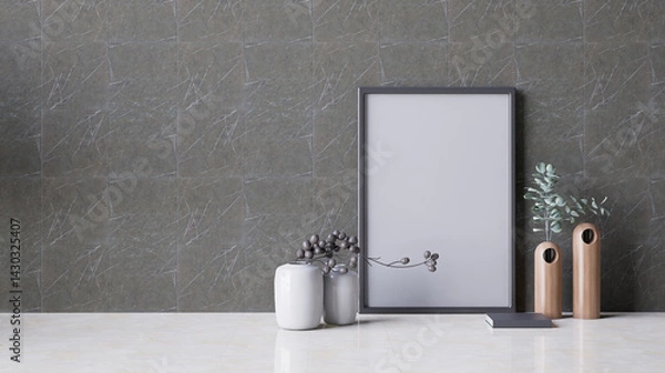 Obraz A modern interior featuring a textured wall, minimalist vases, a blank picture frame. 3d rendering.