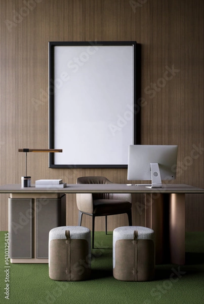 Obraz A modern office setup featuring a sleek desk, comfortable chair, and minimalist decor, set against a textured wall and vibrant green carpet. 3d rendering interior room design and decoration.
