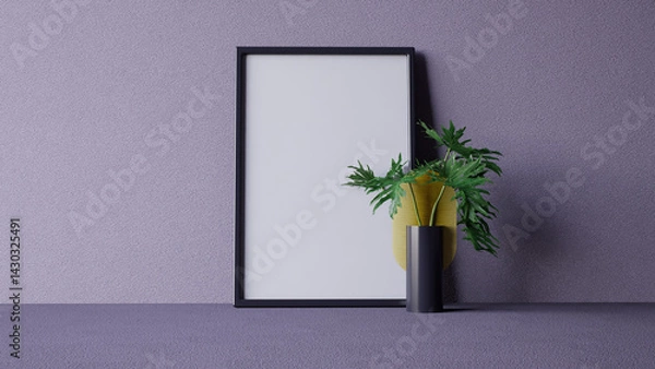 Obraz A minimalistic interior scene featuring a blank picture frame, a vibrant plant in a yellow vase, and a sleek black vase against a textured purple background. 3d rendering.