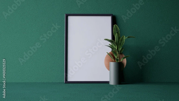 Obraz A minimalist interior scene featuring a blank frame green wall and a green plant on a textured green background. 3d rendering.