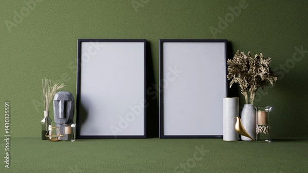 Obraz A minimalist interior scene featuring empty picture frames, decorative vases, dried flowers, and a stone sculpture against a textured green background. 3d rendering.