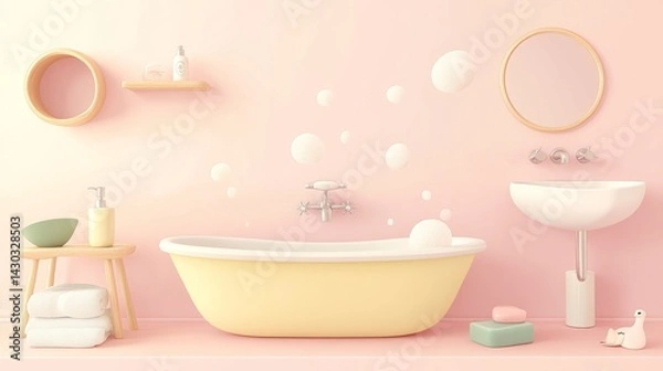 Obraz Sweet bathroom fixture set, classical and modern tub shapes, floating bath companions, fluffy soap suds, gentle pastel color scheme, simplified vector artwork, children room decoration theme, smooth