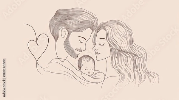 Obraz minimalist family moment illustration, delicate brown lines, soft pink backdrop, floating heart element, gentle expressions, modern parent hairstyle, swaddled infant, clean vector aesthetic, simple