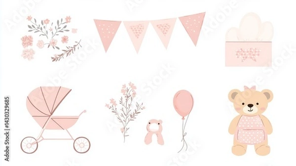 Obraz baby celebration icons, scandinavian style, triangular pennant flags, baby stroller in pink, delicate floral elements, baby bib with dots, rattle toy, plush teddy holding balloons, gentle color