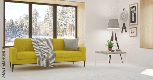 Fototapeta White room with sofa and winter landscape in window. Scandinavian interior design. 3D illustration