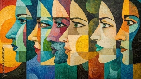 Obraz Colorful abstract depiction of diverse faces showcasing emotion and unity.