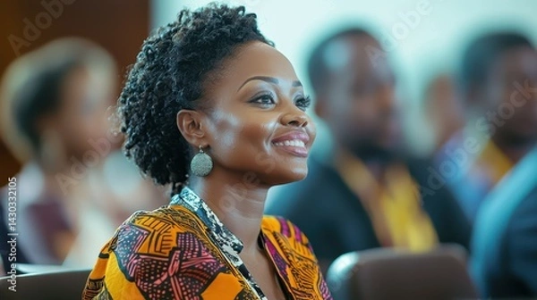 Obraz Smiling Black woman at a conference, radiating joy and engagement.