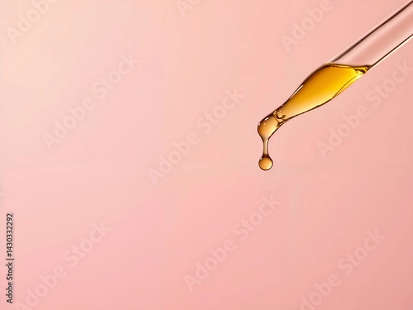 Obraz Dropper releasing golden oil drop on soft pink background, skincare concept. Generative AI