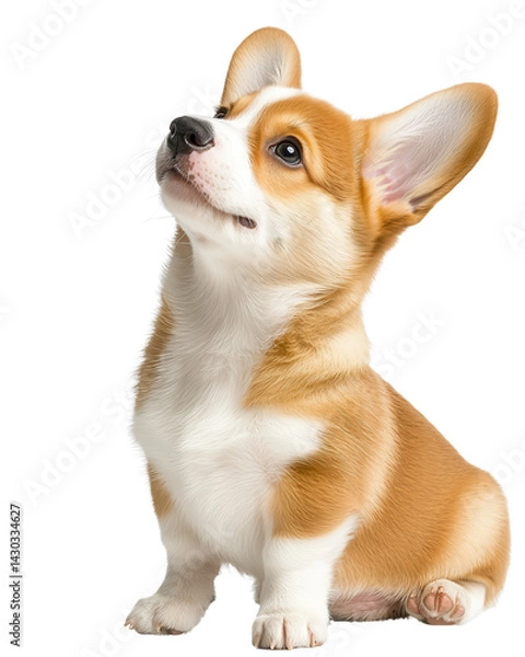 Obraz Adorable corgi puppy sitting and looking up with curiosity and charm. On transparent background.