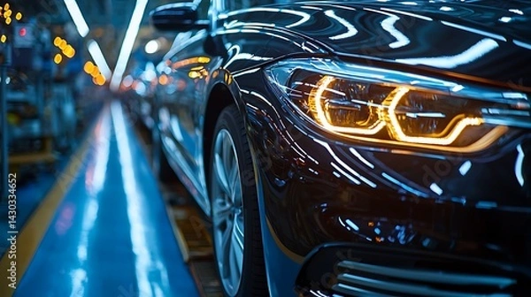 Fototapeta Gleaming Headlights: A New Car Rolls Off The Assembly Line