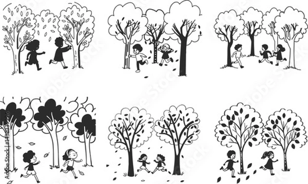 Fototapeta Hand drawn illustration of children playing running around trees in fall season