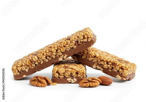 Fototapeta A close up of three granola bars with chocolate and nuts on a white background in a studio shot