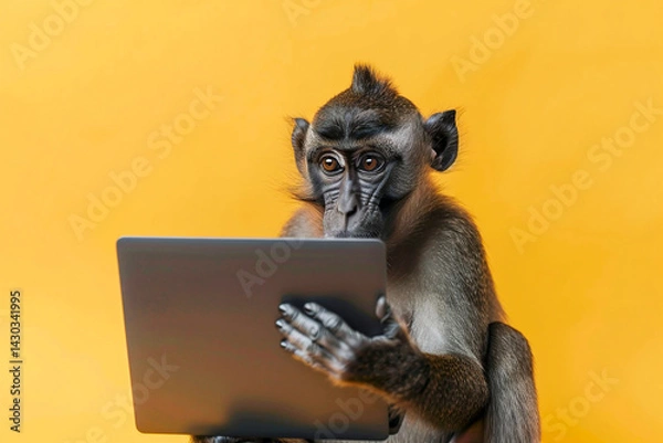 Fototapeta A monkey intently using a tablet, humorously showcasing technology use in an animal on a yellow background.