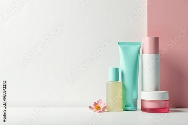Fototapeta White background showcasing skincare products, background, minimal