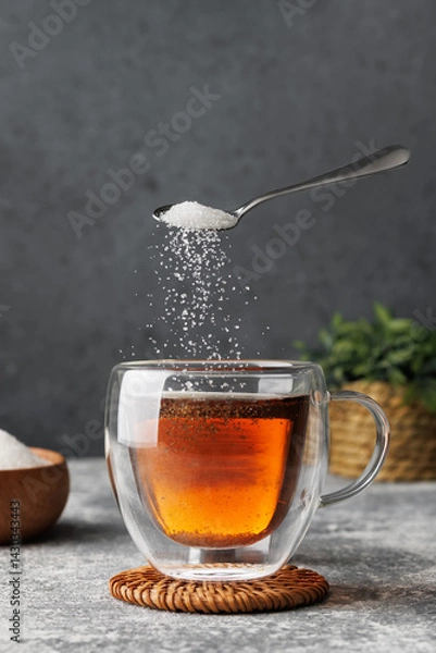 Fototapeta White sugar falling from teaspoon into glass cup of hot tea placed on table against grey background