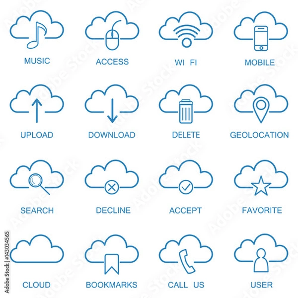 Obraz Multimedia cloud outline icons set. Linear vector illustration