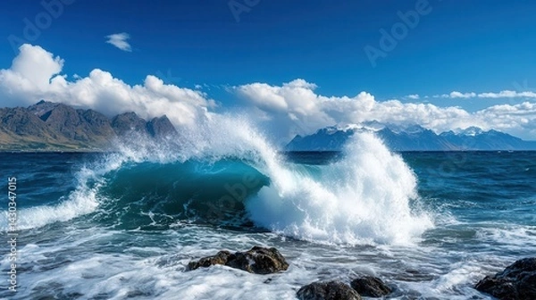 Obraz Large wave crashing on rocks with mountains and blue sky in background