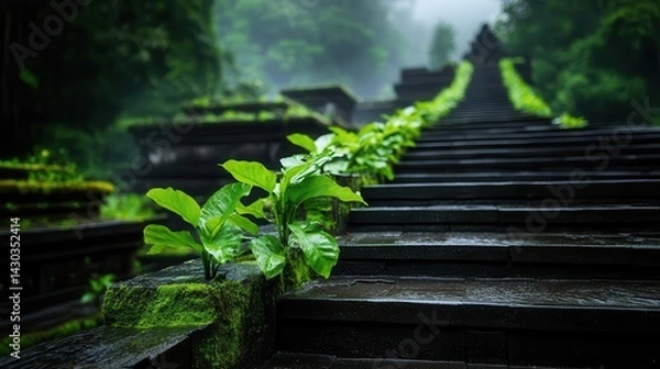 Obraz Stone steps leading up to a misty forest, lined with lush greenery.