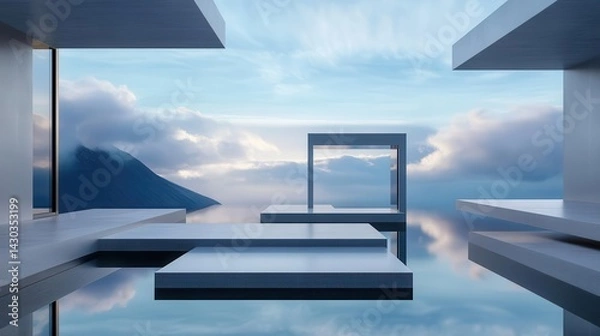 Obraz Minimalist architecture with reflective pool and mountain view