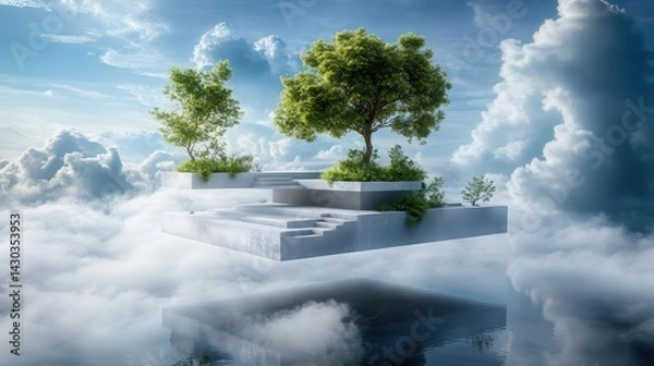 Obraz Floating platform in the clouds with trees and lush vegetation.