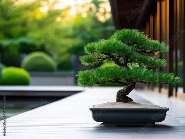 Obraz Bonsai tree on a wooden deck with a blurred background of a garden.