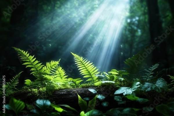 Obraz Sunlight beams through the canopy of a lush, green forest, illuminating ferns and foliage.