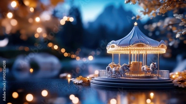 Obraz A magical carousel under a starry night sky, glowing with soft lights and reflecting in a still pond.