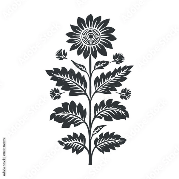 Obraz Vector linocut floral poster template. Modern trendy minimal style. Black and white colors. Botanical blockprint. Folk art design for wallpaper, wall decor, print, postcard, cover, template.