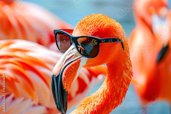 Fototapeta Chic flamingo with sunglasses, embracing tropical vibes amidst a vivid, colorful backdrop.