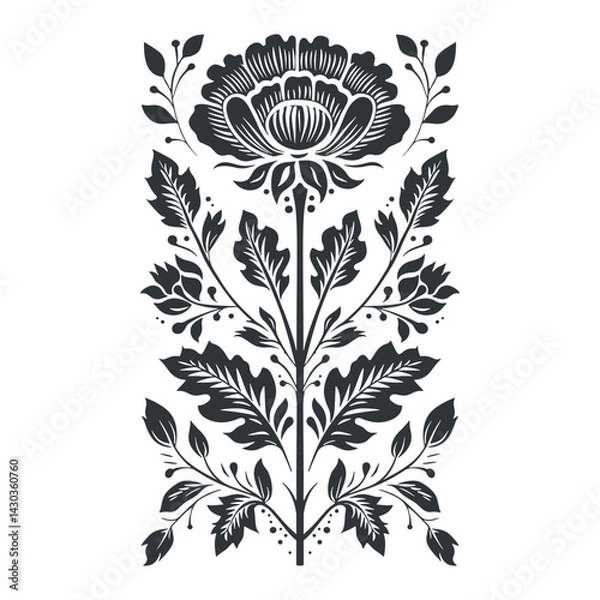 Obraz Vector linocut floral poster template. Modern trendy minimal style. Black and white colors. Botanical blockprint. Folk art design for wallpaper, wall decor, print, postcard, cover, template.