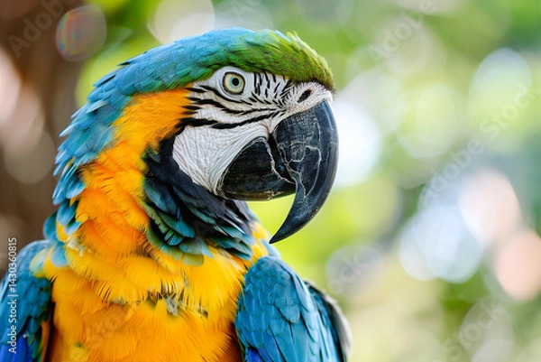 Fototapeta Colorful macaw perched among lush jungle leaves, showing off its vivid red, blue, and yellow feathers.