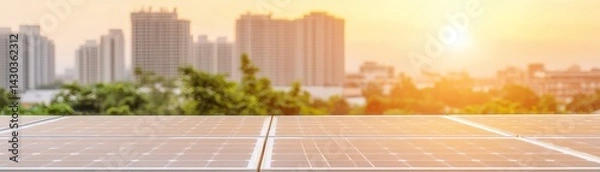 Fototapeta Peak Energy Solutions with Advanced Battery Storage Technology, A modern city skyline at sunset with solar panels in the foreground, emphasizing sustainability.