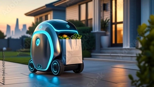 Fototapeta A futuristic autonomous robot delivers groceries outside a smart home in a clean suburban neighborhood.
