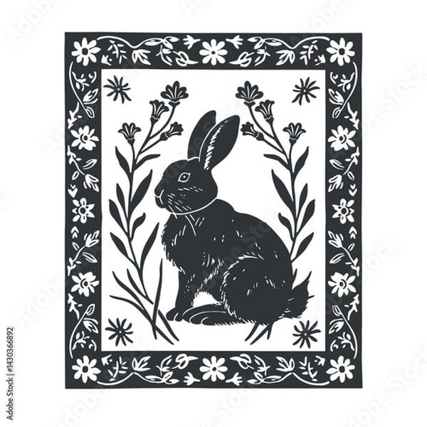 Fototapeta Vector linocut floral poster template with rabbit. Modern trendy minimal style. Black and white colors. Botanical blockprint. Design for wallpaper, wall decor, print, postcard, cover, template.