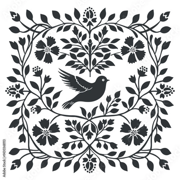 Obraz Vector linocut poster template with bird and flowers. Modern trendy minimal style. Black and white colors. Botanical blockprint. Design for wallpaper, wall decor, print, postcard, cover, template.