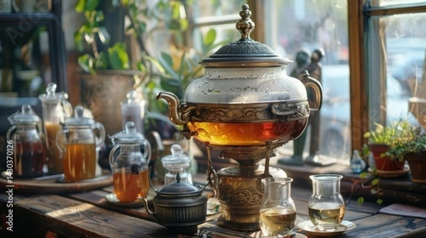 Obraz A traditional Russian device used for brewing and serving tea, usually made of metal and equipped with a heating element at the bottom.